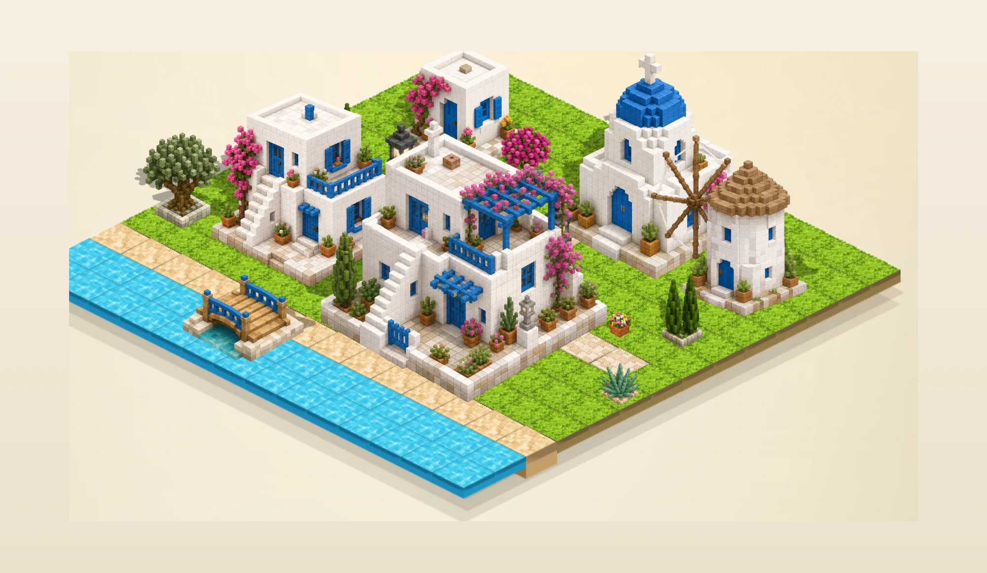 An isometric Mediterranean island: whitewashed houses with blue doors, a blue-domed chapel, a windmill, olive trees, bougainvillea, and a wooden bridge over turquoise water.