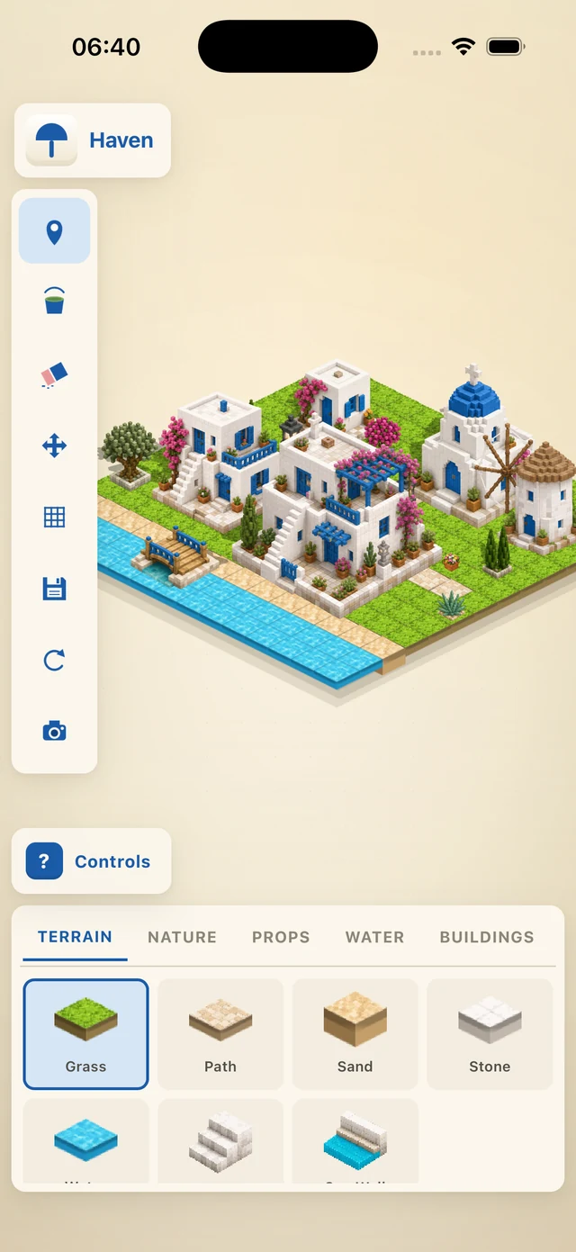 Haven on a phone in portrait: the island sits above a bottom sheet holding the tile palette.