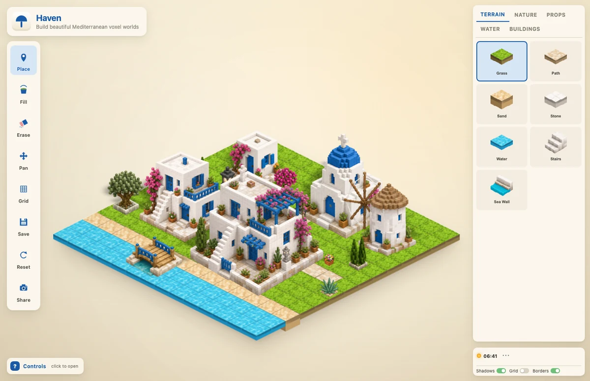 Haven on a tablet in landscape: the island fills the screen with the tile palette docked along the right edge.